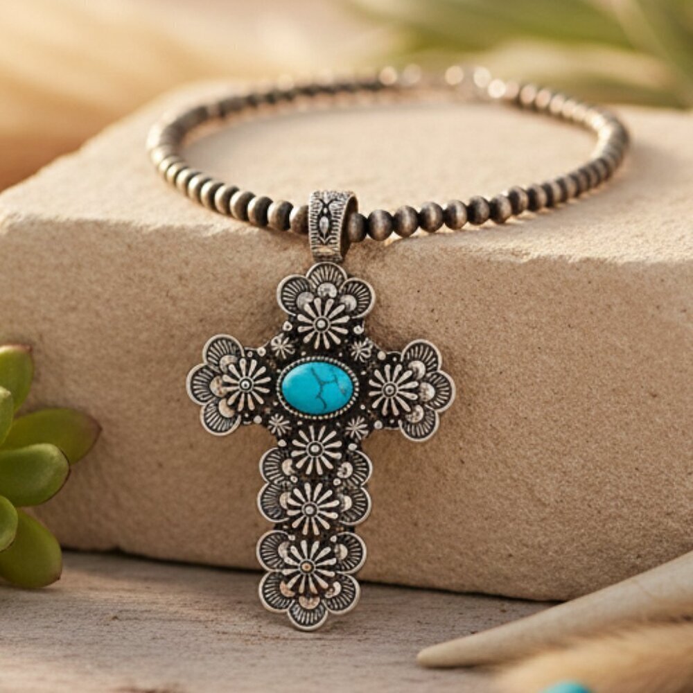 Western Antique Silver Plated Faux Turquoise Cross Pendant Necklace Boho Chic